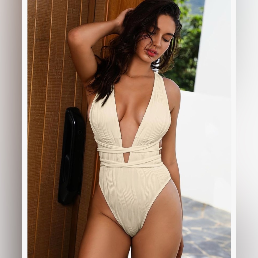 New Ivory Plunging 1 Pc Swimsuit Backless Cross Tie High Cut S
